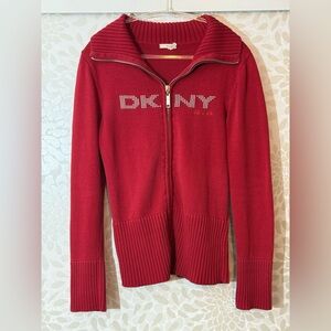 Vintage 90s y2K DKNY Red Pearl Dot Logo Full Zip Fitted Cardigan Sweater